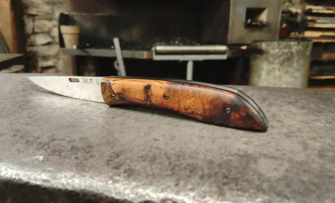 Nouveau Tochou, lame en Inox RWL34 et manche de ceps de vigne, Vielverge, O Feu Forgé